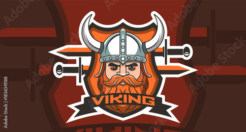 Vector cartoon logo, emblem and sticker. Team logotype e-sport, egame. Toon head of powerful brutal viking warrior wearing horned helmet, red beard and mustache. Shield and swords. Icon cyber game