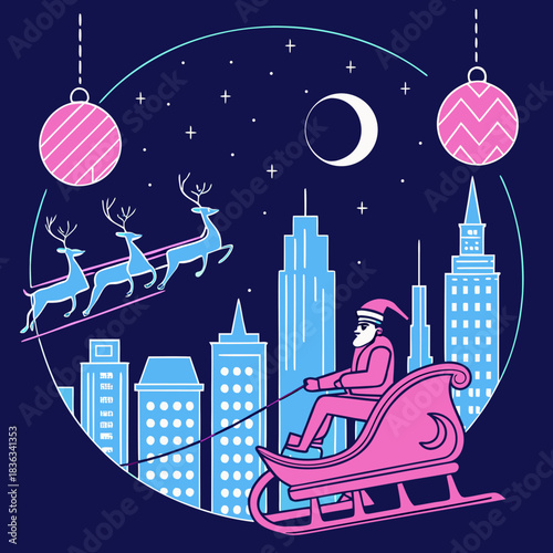 Santa claus riding a pink sleigh pulled by reindeer flying over a stylized city skyline at night under a crescent moon and stars