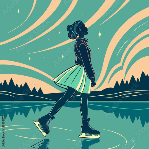 Stylized illustration of a female figure skater gliding gracefully across an icy surface under a vibrant aurora borealis sky with a forest silhouette