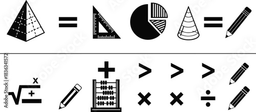Math icons, geometry symbols, educational tools, cognitive thinking, data visualization, equations, abacus, pencil, pyramid, cone, ruler, chart, logic, learning