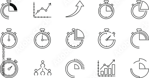 Time icons, performance tracking, data visualization, business analytics, stopwatch graphics, pie chart segments, growth arrows, productivity, planning, efficiency, metrics, progress, analysis
