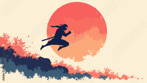 Ninja jumping, mid-air silhouette, large red sun, action minimalist, dynamic pose, flat vector, white background