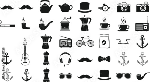 Vintage hipster vector collection, retro coffee icons, classic accessories, cameras, pipes, anchors, bicycles, stylish silhouette elements for trendy design, lifestyle illustration set