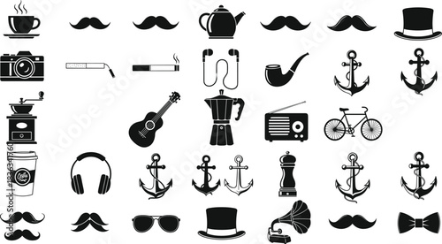 Vintage icons, hipster lifestyle, retro objects, coffee culture, fashion accessories, music gear, mustache styles, classic tools, bicycle, camera, gramophone, anchor