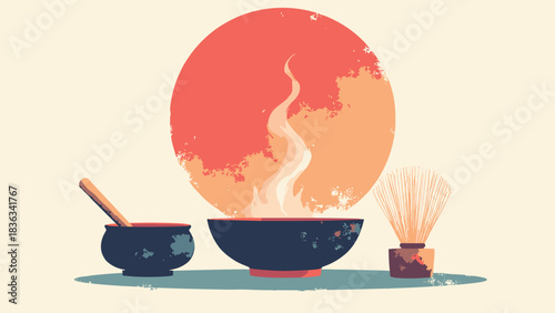 Tea ceremony whisk and bowl, simple outline, large red sun, peace concept, mindfulness art, flat vector, white background