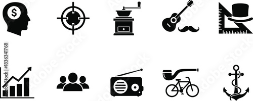 Vintage icons, business symbols, lifestyle elements, creative pictograms, infographic visuals, vector set, black silhouettes, concept graphics, editable design, retro illustrations