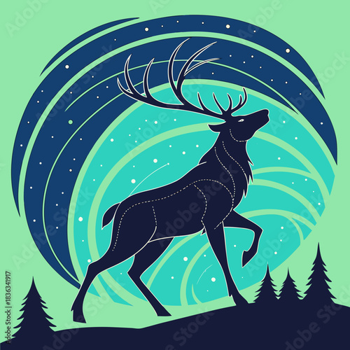 Stylized silhouette of a majestic stag with large antlers standing against a vibrant, swirling aurora borealis night sky illustration
