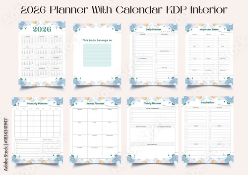 Planner English calendar of 2026 year, template schedule calendar with floral. Yearly planner template. Vector illustration