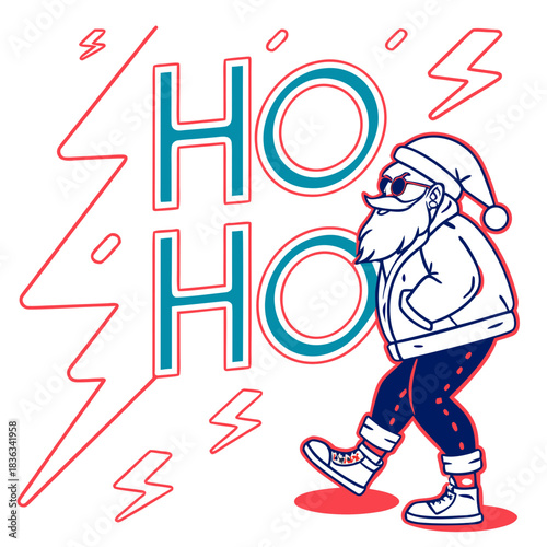 Cool modern santa claus character walking with sunglasses and beard saying ho ho ho with lightning bolt graphic element