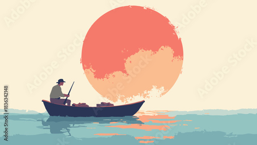 Lone fisherman on a small boat, calm water ripples, large red sun on the horizon, zen art, negative space, flat vector, white background