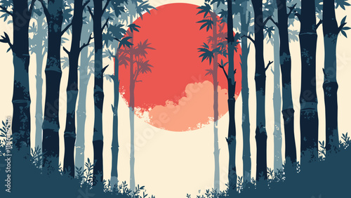 Bamboo forest, vertical black stalks, large red sun peeking through the stems, high contrast silhouette, Japandi style, flat vector, white background
