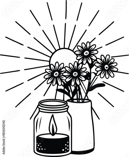 Black and white tropical floral vector illustration pattern with palm leaf, flowers, and vase