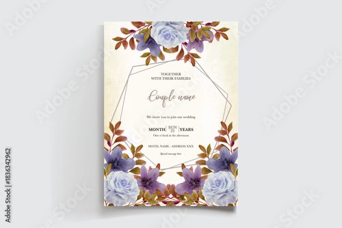 WEDDING INVITATION FRAME WITH FLOWER DECORATIONS AND FRESH LEAVES