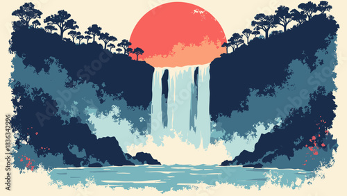 Waterfall cascading down black rocks, large red sun behind the water flow, vertical composition, Ukiyo-e aesthetic, flat vector, white background