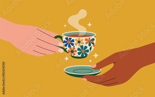 Hands exchanging a floral patterned cup of steaming hot beverage, symbolizing comfort and connection