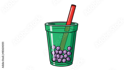 Green glass of bubble tea with purple tapioca pearls and red straw.