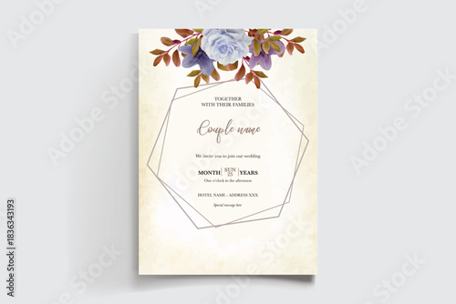 WEDDING INVITATION FRAME WITH FLOWER DECORATIONS AND FRESH LEAVES