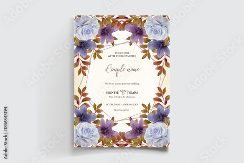 WEDDING INVITATION FRAME WITH FLOWER DECORATIONS AND FRESH LEAVES