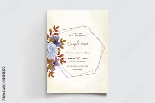 WEDDING INVITATION FRAME WITH FLOWER DECORATIONS AND FRESH LEAVES