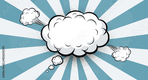 Retro comic book style blank explosion cloud or thought bubble on a light blue background with radial lines and halftone dots.