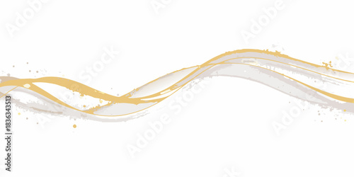 Abstract golden and white wavy lines with scattered paint splatters design