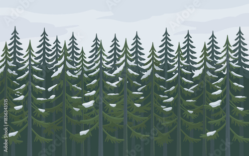 Serene snow-covered evergreen forest landscape illustration with muted tones and overcast sky