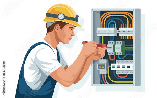 Electrician installing electrical panel with wires and circuit breakers, professional at work