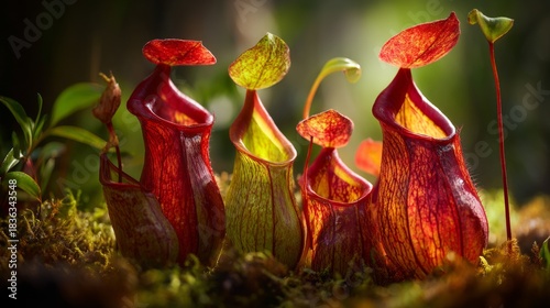 Close-up of vibrant carnivorous plants with pitcher-shaped traps, lit by dappled sunlight amidst green moss