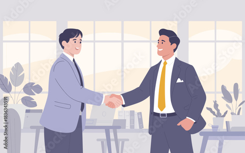 Two businessmen in suits shaking hands in a modern office setting, symbolizing agreement and partnership
