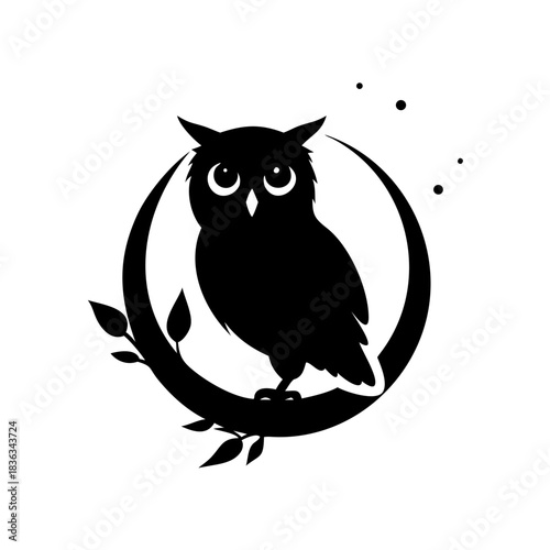 Silhouette of an owl perched on a crescent moon, surrounded by leaves and stars, creating a mystical and nocturnal scene.