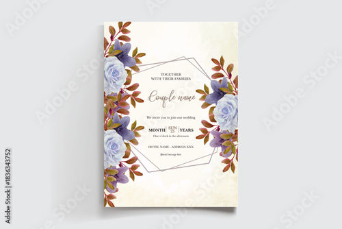 WEDDING INVITATION FRAME WITH FLOWER DECORATIONS AND FRESH LEAVES