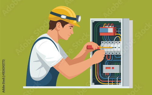 Electrician working on a fuse box with tools, performing electrical maintenance and repairs