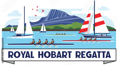 Rowing eights and yachts compete in a regatta on the water with a mountain view