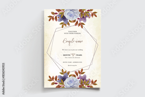 WEDDING INVITATION FRAME WITH FLOWER DECORATIONS AND FRESH LEAVES