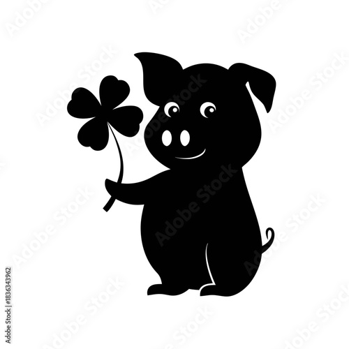 A black silhouette of a cartoon pig holding a four-leaf clover, symbolizing good luck and fortune.