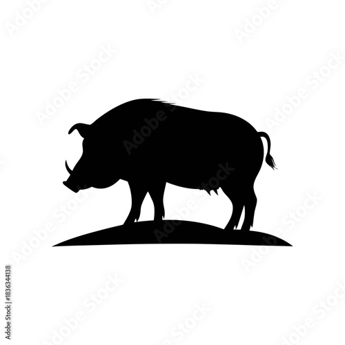 Silhouette of a wild boar standing on a small hill, depicted in black against a white background.