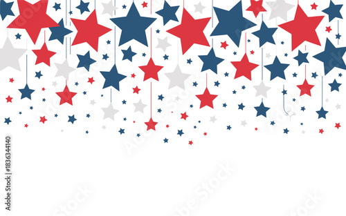 Festive patriotic background featuring hanging red, white, and blue stars with glitter accents, perfect for holiday celebrations and national events