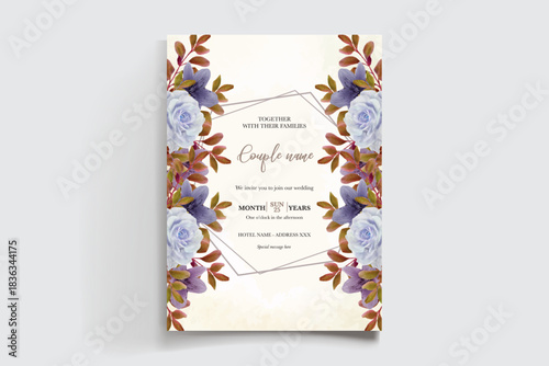 WEDDING INVITATION FRAME WITH FLOWER DECORATIONS AND FRESH LEAVES