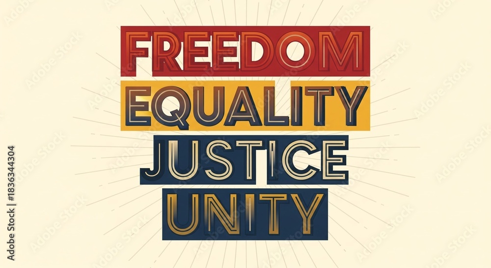Fototapeta premium Bold inspirational typography poster featuring “Freedom,” “Equality,” “Justice,” and “Unity,” styled with civil-rights-inspired colors for educational and commemorative use.