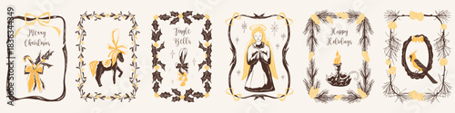 Vintage Christmas cards set with jingle bells, rocking horse, candles, angel, bird, holly and pine frames in whimsical hand drawn style. Vector illustration for holiday invitations, greeting cards