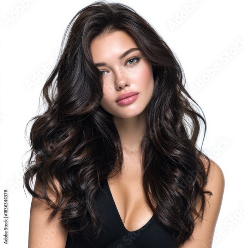 beautiful woman with long, dark brown hair styled in wavy waves, isolated on a white background