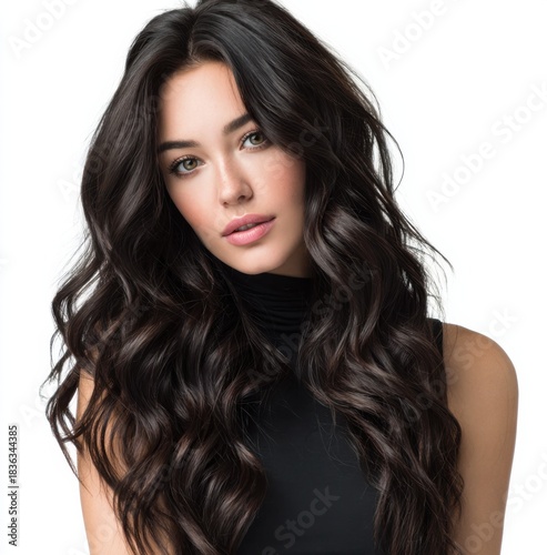 beautiful woman with long, dark brown hair styled in wavy waves, isolated on a white background