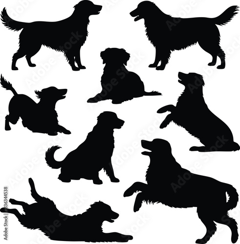 Collection of Dog Silhouettes in Various Poses, Black Vector Graphics of Golden Retriever or Similar Dogs, Set of Dogs Sitting, Standing, Jumping, and Lying Down, Canine Companion Poses Icon Pack.