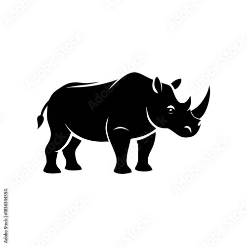Silhouette of a rhinoceros standing, showcasing its powerful build, horn, and distinctive features against a white background.