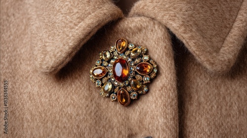 A vintage brooch with amber-colored stones on a beige woolen coat, with a brown collar and button, set against a light brown background.