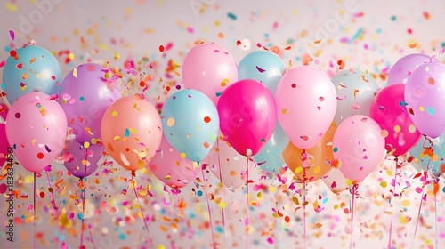 A colorful array of balloons and confetti against a pink background, with a mix of pastel colors and a festive atmosphere.