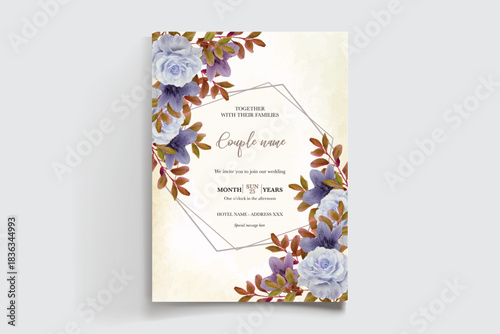 WEDDING INVITATION FRAME WITH FLOWER DECORATIONS AND FRESH LEAVES