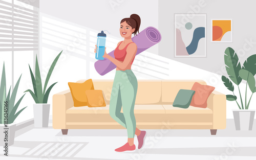 A woman holding a yoga mat and water bottle, ready for a fitness session at home with modern decor and plants