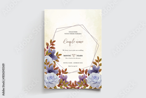 WEDDING INVITATION FRAME WITH FLOWER DECORATIONS AND FRESH LEAVES