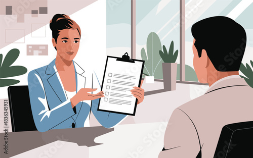 Job interview in progress with a female interviewer presenting a checklist to a male candidate in a modern office setting
